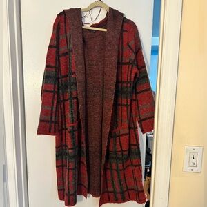 Joseph A. Hooded Red Plaid Duster | NWOT